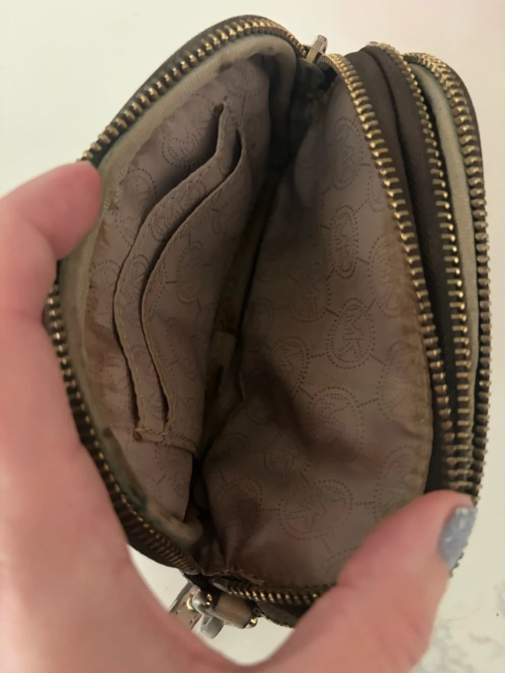 Michael Kors Brown MK Logo Wristlet with Gold Plate